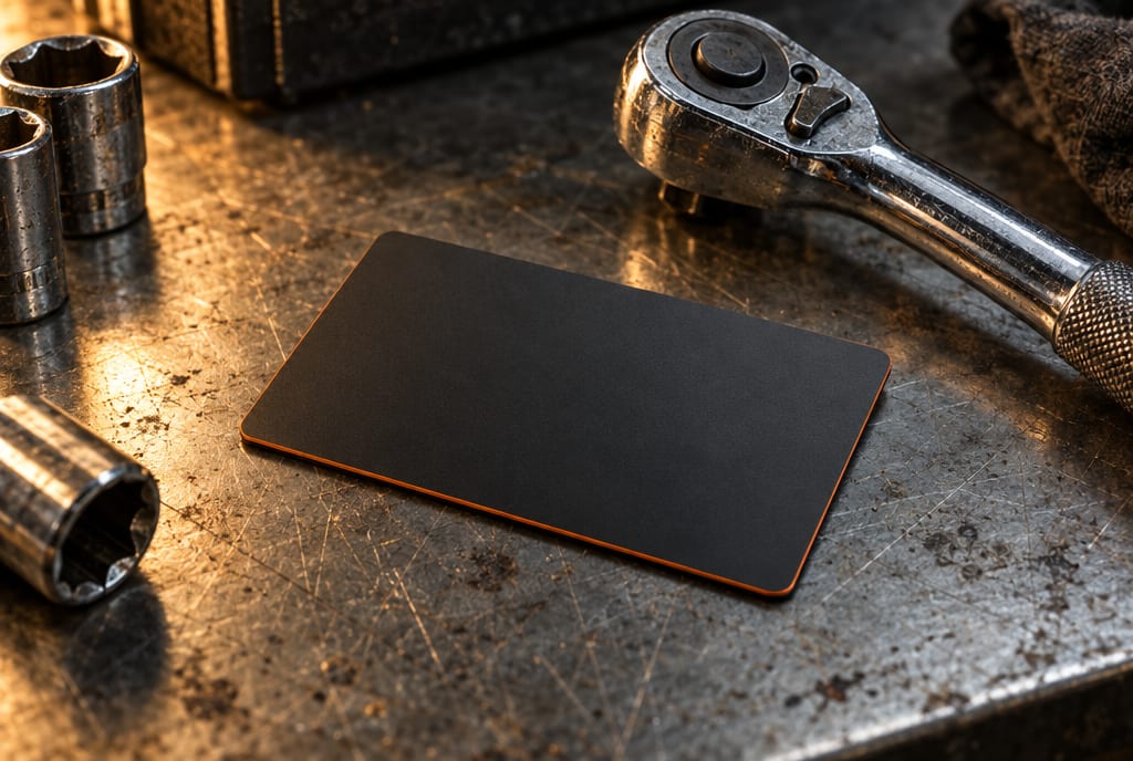 A blank dark card with an orange edge on a workbench next to a ratchet