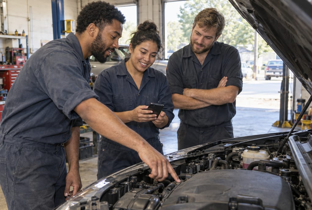 Three technicians around an open hood, one showing something on a phone