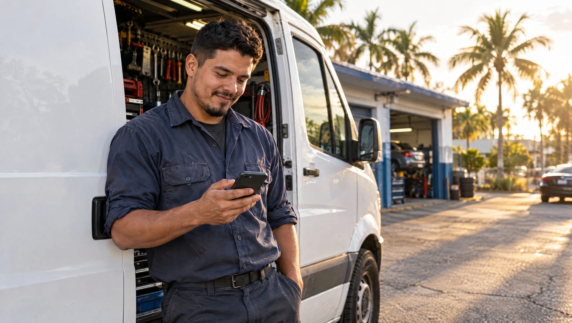A technician checks his phone next to an open tool truck outside a repair shop